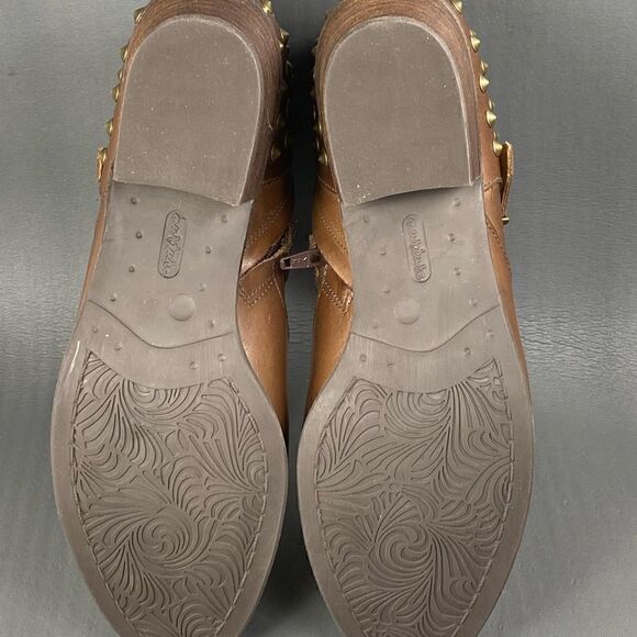 NURTURE Flint BROWN LEATHER Brass Rivets Zip ANKLE Booties womens size 10 - Picture 8 of 9